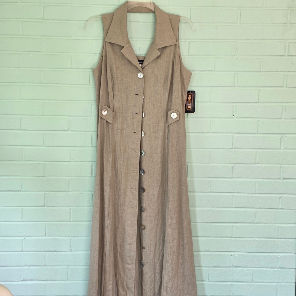 NWT Virgo II Linen Blend Button Front Maxi Dress Taupe Tan sz 16 sleevless